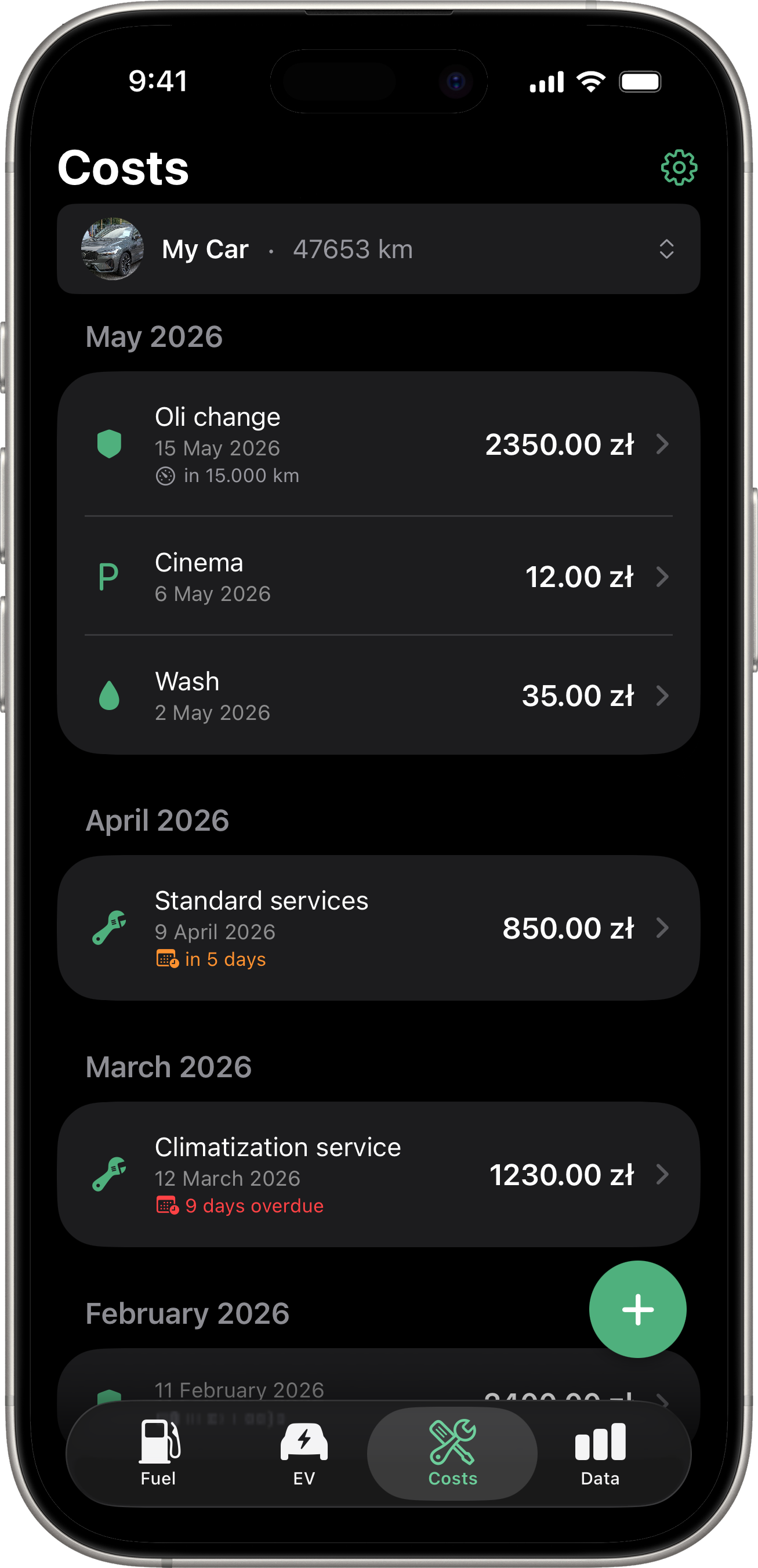 Drivest — Cost tracking