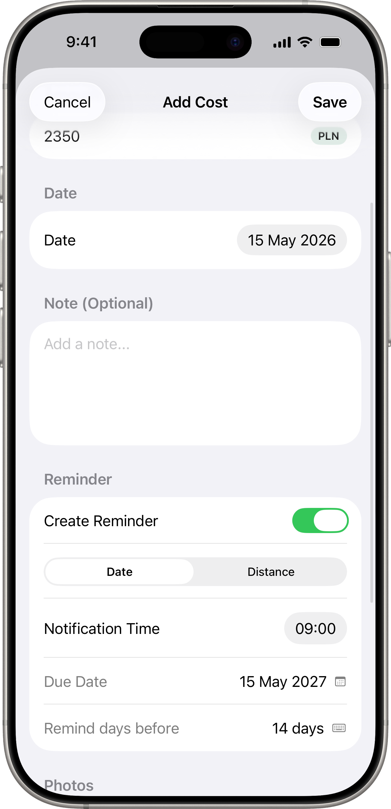 Reminder in cost form