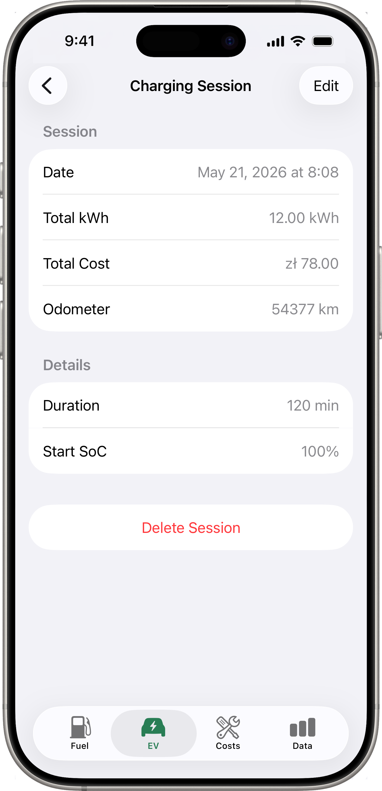 Charging session detail
