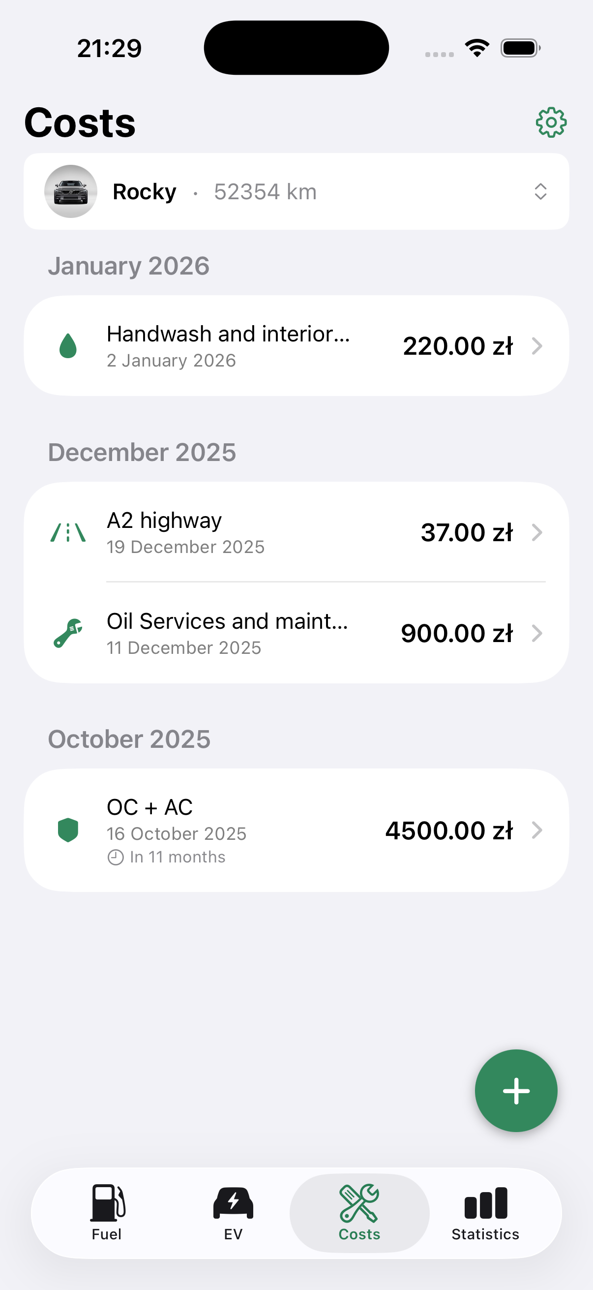 Drivest — Cost tracking