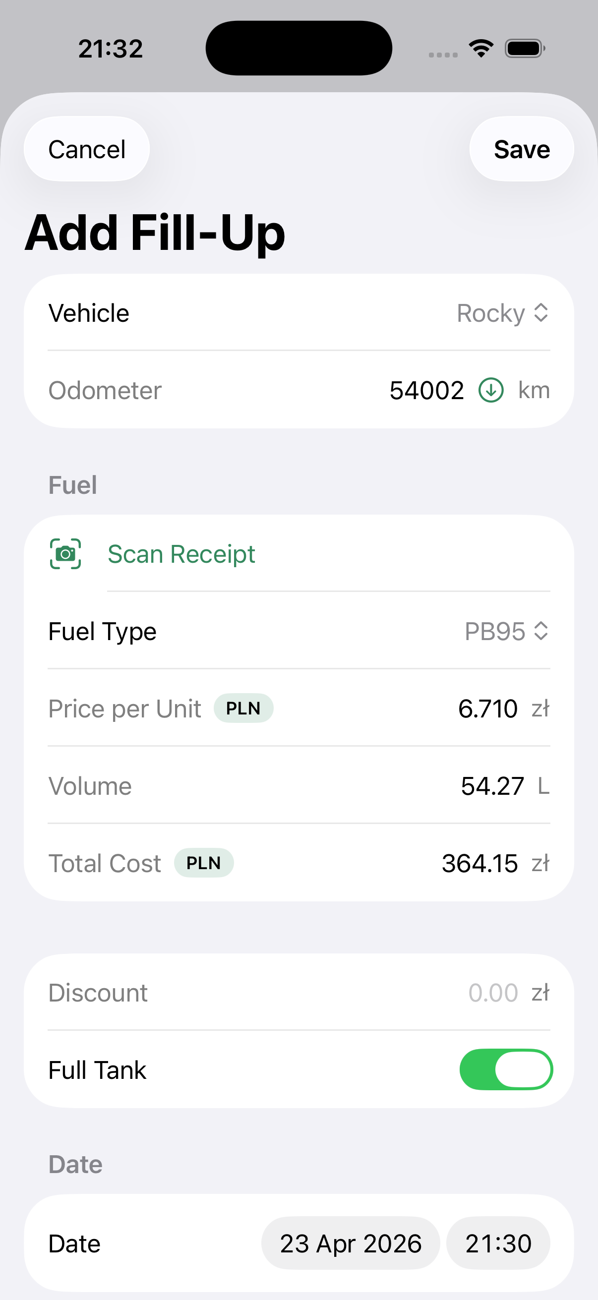 Drivest — Fill-up tracking